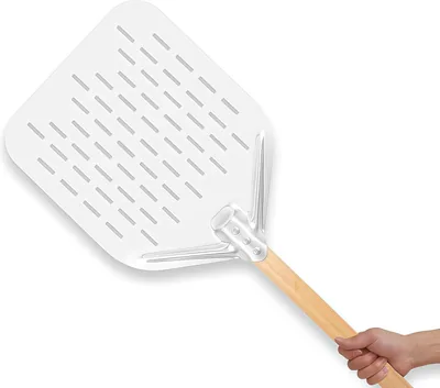 NSXVIA Shovel Pizza Perforata 39.5x30x2 cm - Paletta Pizza in Alluminio con Manico Rimovibile in Legno, S