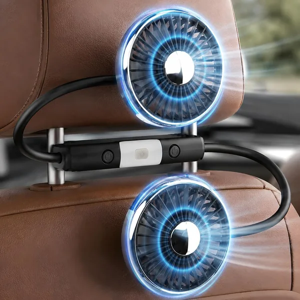 Vvnonix Doppelkopf-Auto-Lüfter, USB 5V 2A, 360° drehbar mit leisem Brushless-Motor und LED-Licht, Rücksitzlüfter für Kinder und Pets