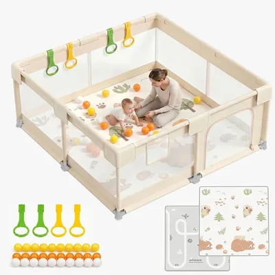 KUQAZ Beige Baby Spielgarten mit Matratze - 150 x 150 cm Spielgarten mit Atmungsaktivem Mesh und Antirutsch-Saugnäpfen, XXL
