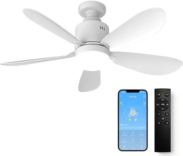 Kemoribe Ventilatore da Soffitto con Illuminazione 53cm LED con Luce e Telecomando, APP Controllo Dimmerabile 24W, E27 Integrato, 5 Pale, 4 Livelli di Velocit