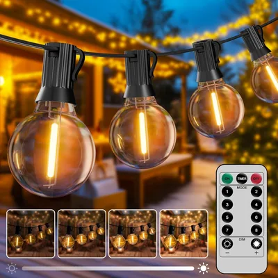 Luces de cuerda al aire libre Hoteril 30 m, Tipo de luces G40: 42 + 2 bombillas, Temperatura de color 2200 K, Conexión principal, Ideales para jardines