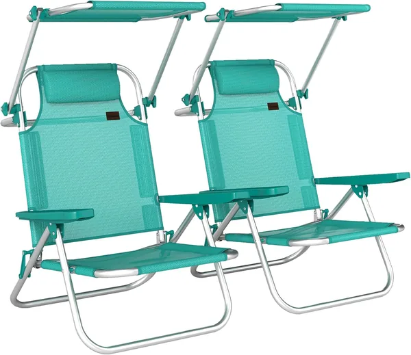 Outsunny Pack of 2 Folding Beach Chairs with Adjustable Canopy, Reclining Backrest in 6 Positions and Headrests, Portable Low Chairs with Arms Load 120 kg for Camping Garden Turquo