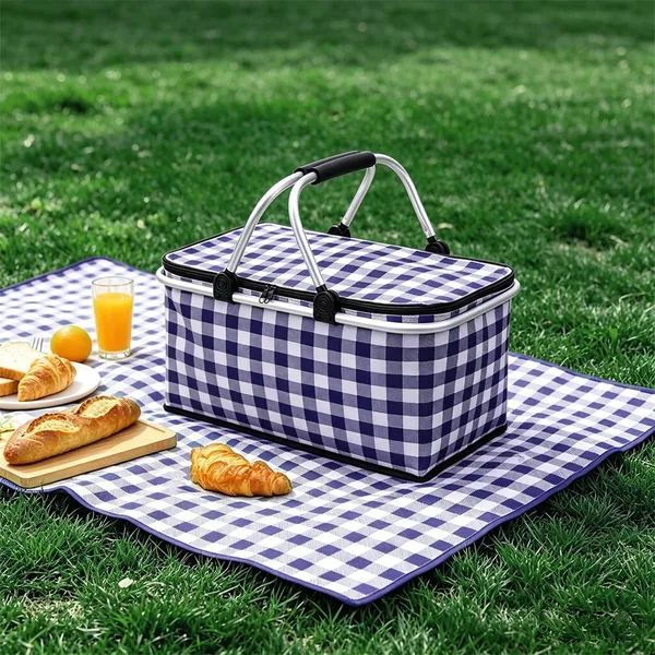 Cesta de Piquenique T rmica 30L, Material 600D Oxford, Estrutura Met lica, Bolsa Cooler Dobravel com Isolamento para Piqueniques, Camping e Praia (Xadrez azul marinho)