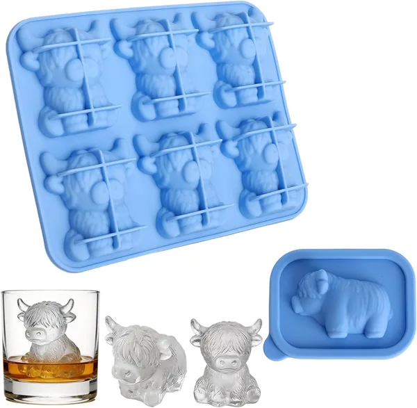 SLIAXINT Zestaw 2 mini foremek do lodu w kształcie krowy Highland Cow 3D - śmieszne kostki lodu