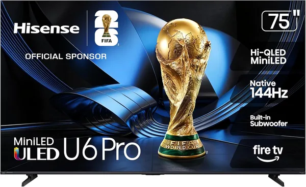 Hisense 75" U6 Pro Series Mini LED 4K UHD HDR Gaming AI Smart Fire TV (75U6SF Pro, 2026 New) - Hi-QLED, Native 144Hz, Motion Rate 480, Dolby Vision IQ, Atmos, HDR10+