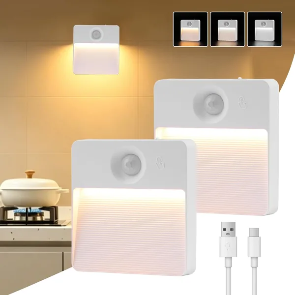Motion Sensor Night Light 2 Pack USB Rechargeable LED Motion Sensor Light 3 Modes (AUTO/OFF/ON) LED Night Lamp for Kids Room, Hallway