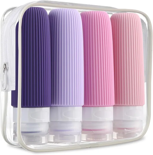 Kit Frasco de Viagem em Silicone - 4 Peças para Cosméticos, Antivazamento, Design Canelado, Cor Roxa, Ideal para Shampoo - Best Deal