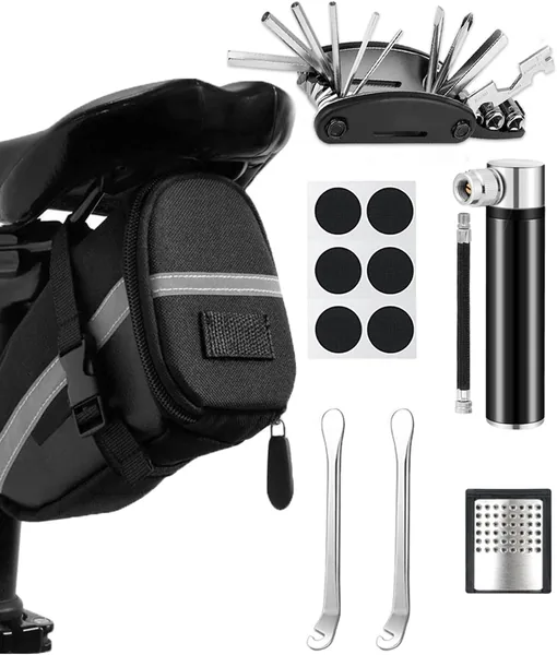 Bicycle Repair Kit with Saddle Bag, 16-in-1 Bicycle Multitool + 120 PSI Mini Air Pump