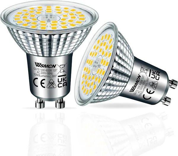 WSMCN GU10 Lámparas LED Neutras Blancas, 10W Equivalente a 140W Halógeno, 4000K 1050 Lumens, No Regulable, Sin Parpadeos, Reflector