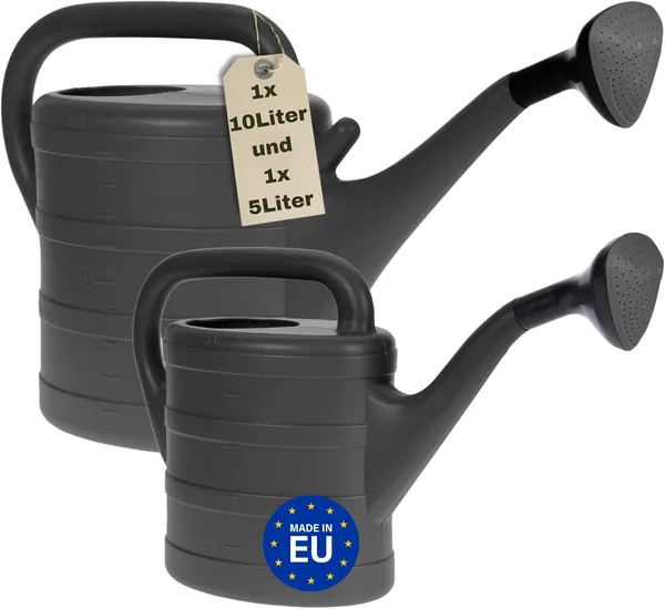 Watering Can 1 x 5 L and 1 x 10 L Anthracite - Plastic Watering Can with Removable Shower Head