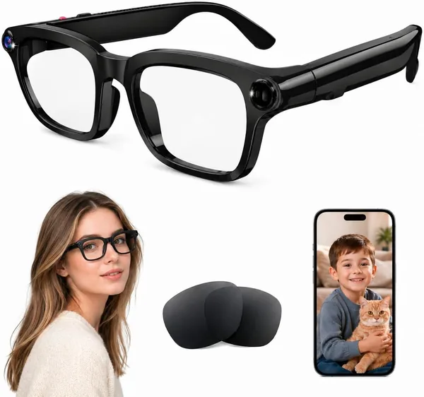 AI Smart Glasses with 8MP Camera, 4K Video, Photo Capture, Real-Time Translation, Recording, AI Assistant, Open-Ear Audio, Bluetooth, Object Recognition, Replaceable Sunglasses Len