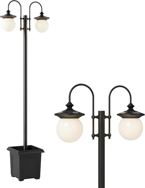 Outsunny Outdoor Solar Garden Lantern with Planter 2 Heads Waterproof IP44 Automatic On/Off and Height Adjustable Solar Outdoor LED Light for Terrace Patio 53.5 x 30 x 182 cm Black
