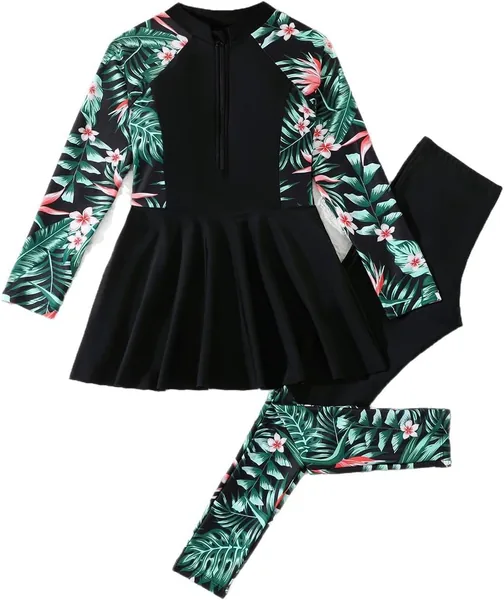 ALANX 2Pcs Girls Long Sleeve Swimsuit Modest Muslim Suit Rash Guard Swimwear