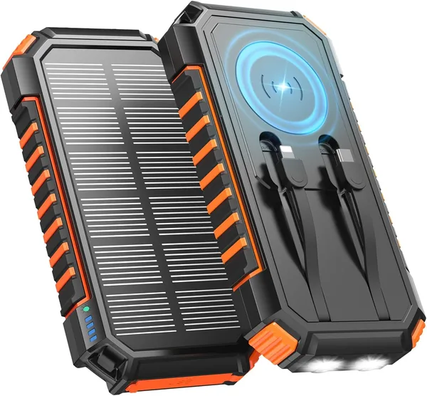 Batterie solaire externe 20000mAh - Power Bank PD 22.5W avec 2 câbles intégrés, 5 sorties, 2 entrées, USB C PD3.0 QC4.0