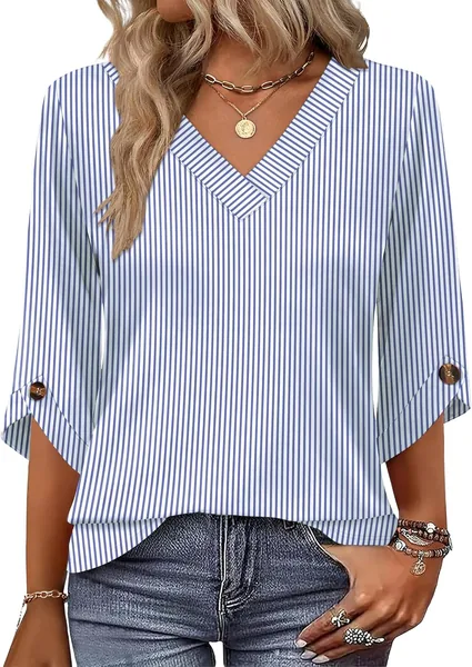 OFEEFAN 3/4 Length Sleeve Womens Tops Dressy Casual Blouses V Neck T Shirts Summer Tops Spring Outfits Loose Fit