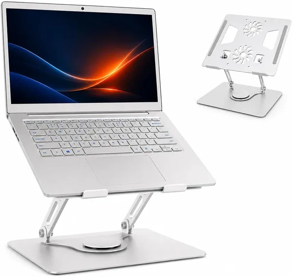 Suporte para Notebook até 17” em Aço Carbono Ajustável Dobrável com Base Giratória 360°, Ventilação, Apoio Ergonômico e Pés Antiderrapantes