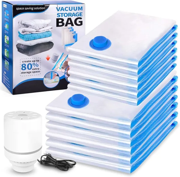 Vacuum Bags Clothes 12 Pieces 6L 80 x 60 cm, 6S 60 x 40 cm, with Portable Electric Pump, Vacuum Storage Bags, Space Saving for Clothes, Quilts, Pillows, Blankets