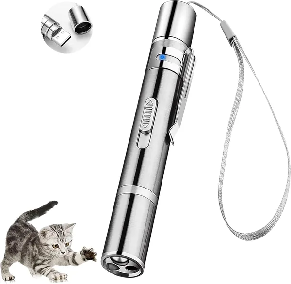 Cat Interactive Toys, Cat Chasing Toys, Pet Toys for Indoor Kitten Play Chase Exercise, USB Recharge, Cat Toy for Indoor, Cat Mouse Toys Wand Light Pet Interactive Toy (Silver)
