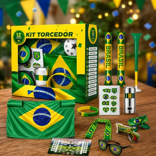 Kit Torcedor Brasil Copa 2026 12 Pe as - Fantasia Completa com Faixa Cabe a, culos, Bandeira 150x90cm, Bast es Infl veis, Corneta, Tinta Facial e Lan a Confete - Festa Churrasco P