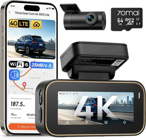 70mai A810 Lite Car Dash Cam 4K+1080P 5GHz WiFi Dual Car Camera with GPS Support