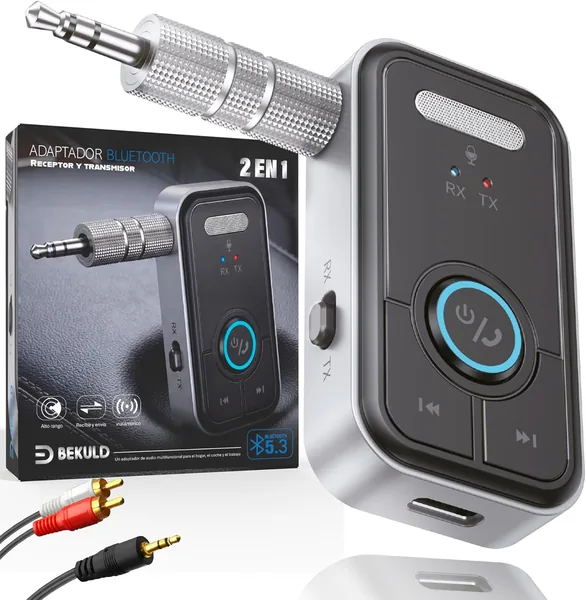 BEKULD® Super Pack Receptor y Transmisor Bluetooth 5.3 con Jack de 3.5 mm y RCA | Adaptador Bluetooth para Coche y TV | Manos Libres