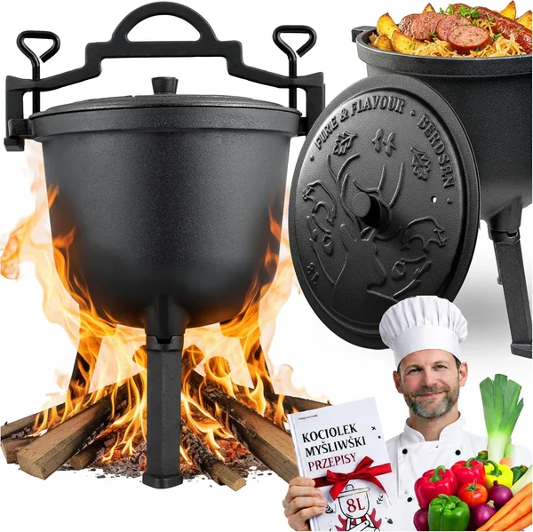 Berdsen Kociołek Myśliwski 8l - Żeliwny Garnek na Ognisko i Grill z Trójnógem i Uchwytem, Best Deal