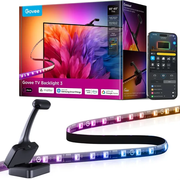 Govee LED TV Retroilluminazione 3 con Doppia Telecamera da 4 MP, Striscia LED RGBWIC 3,6 m con Sincro Schermo per TV da 55-65 Pollici, 60 LED/m, Filtro AI, Comando App/Voce, Compat