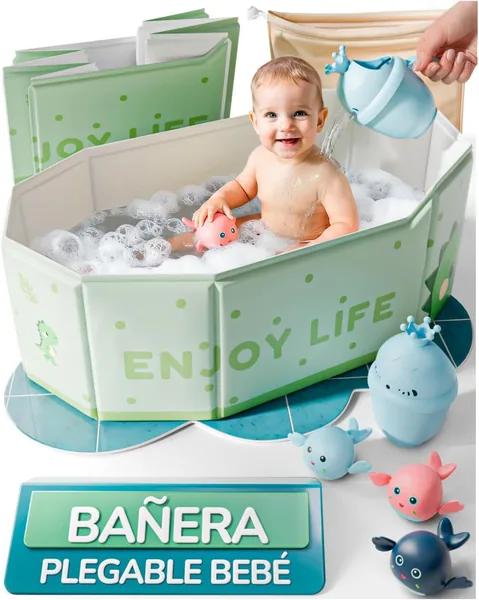 BabyBebloo Folding Baby Bath Kit - Porche Higiene Portatil de Bebe con Accesorios - Mesa Plegable para viaje o Gran Batalla del Bebe - Banheira Portatil Sin Giro No Slip Completa con Juguetes, Jugsa