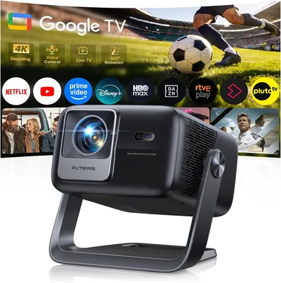 Proyector 4K Google TV/Altavoces de 30W/Rotable 360° 1200 ANSI Portátil con Aplicación Oficial, Asistente de Voz, Enfoque Automático/Tecla