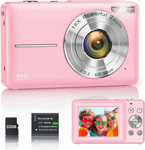 Digital Camera 1080P 44MP Vlogging Camera for Kids Teens, FHD Compact Portable with 2.4" 16X Zoom Screen, Mini Anti-Vibration Camera for Beginner Students-Pink