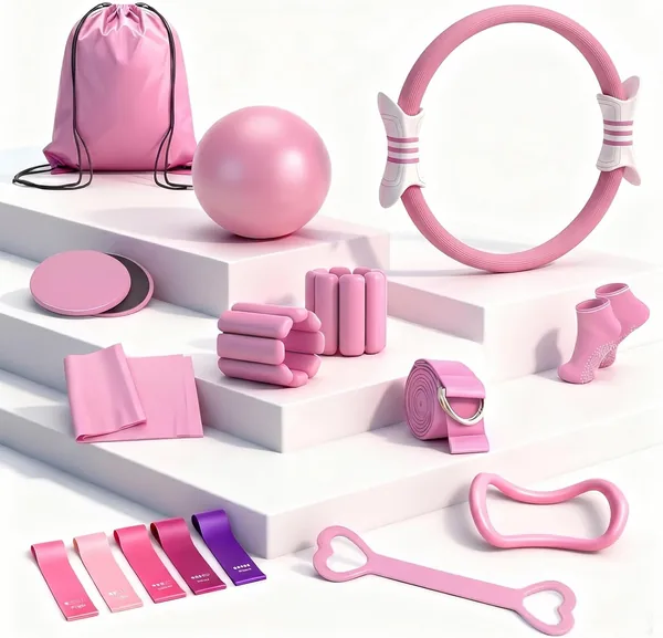 Pilates Set, 14 delar Hemma Pink Pilates Set med Pilates Ring, Ball, Sokor, Justerbar Handvikt och Resistens Band - Kraft