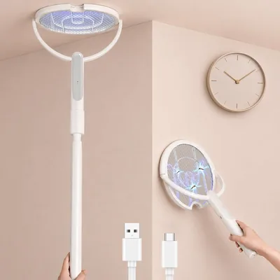 Handylit Elektrischer Fliegenklatscher, 4000V Insektenvernichter mit Teleskopstange, 1800mAh Akku, 2-in-1 USB-C Mückenfalle