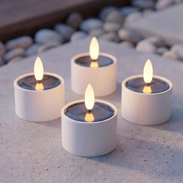 Nordic Flame Solar LED Tea Lights Outdoor Set of 4 Realistic 3D Flame Waterproof IP44 Automatic On/Off Rechargeable Battery Flameless Tea Lights Garden Balcony Patio