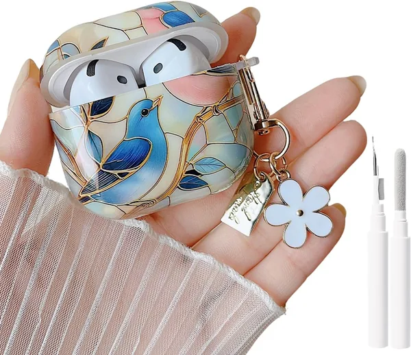 MINSCOSE AirPods 4 Case: Stained Glass Bird Design with Floral Keychain, Silicone Protective Cover