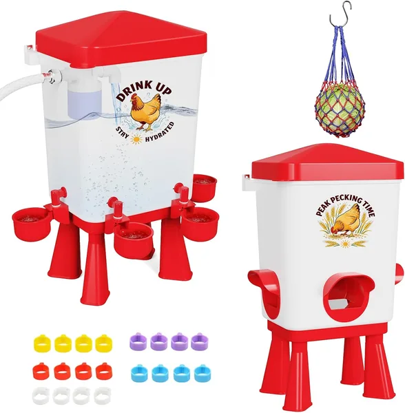 3 Gallon Chicken Feeder and Waterer Set, Large Chick Water with Automatic Float Valve, No Waste Poultry Feeding and Watering System, 4 Cups & 3 Ports