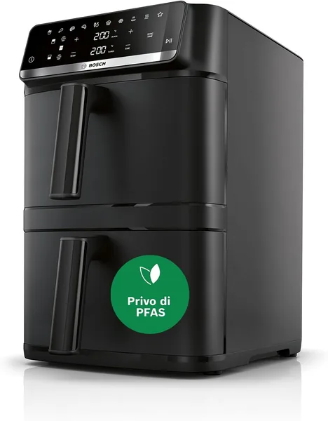 Bosch Air Fryer Serie 6, XXL con Doppia Cestello da 12L, 2 Cestelli da 6L con Funzione SYNC, 6 Programmi Preimpostati, Antiaderente al 100% Ceramico