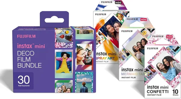 instax mini DECO film bundle, 30 shots containing 1 x 10 shot pack of Confetti, Mermaind Tail and Sp