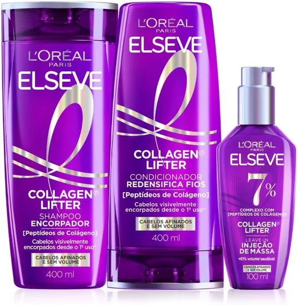 L'Oràl Paris Elseve Collagen Lifter Kit Shampoo, Condicionador e Súm Leave-in com Pept deos e Prote o Tçrmica para Cabelos Finos, Volume em 3D