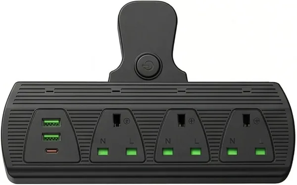 3-Way Safety Power Strip with USB-C & Dual USB-A Ports - 2500W/10A Surge Protected Extension Plug with Master Switch - Black