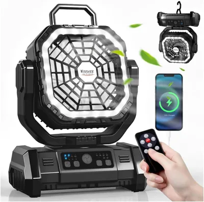 Campingventilator mit automatischer Schwenkfunktion und Fernbedienung - 30000mAh Batteriebetriebener Zeltventilator mit LED-Lampe, 4 Stufen, 270°