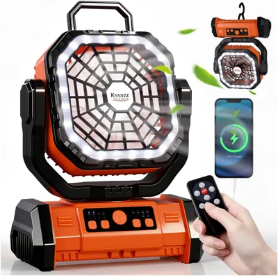 30.000 mAh Schwingender Campinglüfter mit LED-Leuchte, Batterieventilator mit Fernbedienung & Powerbank, 4 Geschwindigkeitsstufen, Tragbarer USB-Zeltfächer