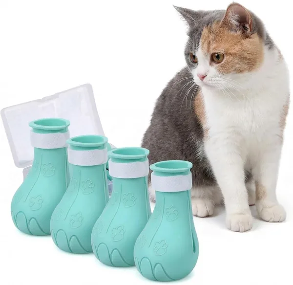 Silicone Cat Paw Covers Green, Soft Claw Protectors with Adjustable Strap, Set of 4