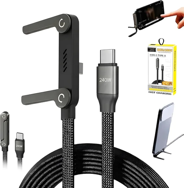 Hotcho 2 in 1 Charging Cable with Stand, 240W USB-C Charging Cable Mobile Phone with Invisible Holder, 1.5m Fast Charging Cable