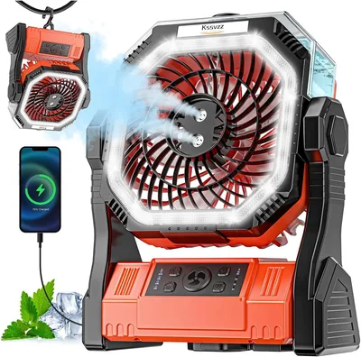 Kssvzz Camping Fan mit Wasserkühlung, 20.000 mAh Batterie, leiser USB-Hängefan mit LED-Licht