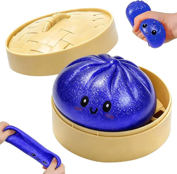 Dumpling Squishy avec Panier Vapeur 9,5 cm, Glitter Squishy Dumpling Mystery, Jouet Anti-Stress, Slow Rising Bao Bun Balle