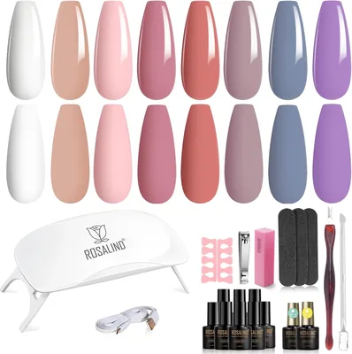 Kit de Uñas Semipermanentes Rosalind con Lámpara LED UV 8+2 PCS, 8 Colores Blanco Rosa Azul Púrpura