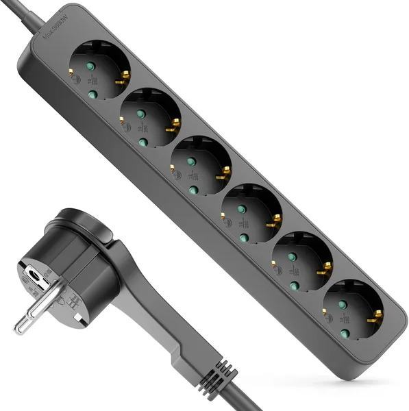 DeleyCON 6-weg stopcontactstrip met platte stekker - 3m kabel - Ideaal voor achter meubilair, meerdere stroomdistributie