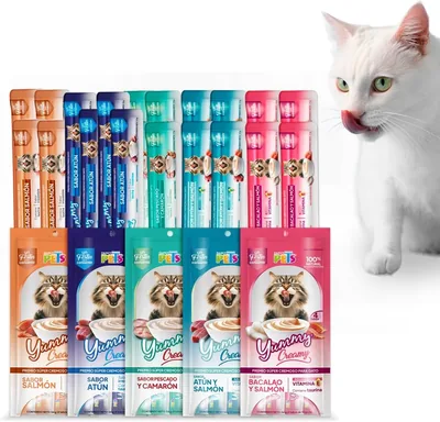 Fancy Pets Yummy Creamy Premio Cremoso Lamible para Gato Surtido 20 Tubos 5 sabores (4 Atún, 4 Salmón, 4 Camarón, 4 Pescado C