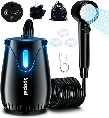 Douche de camping Spopal avec éclairage nocturne et mode rechargeable - 8000 mAh - IPX8.5 - Réglage de la vitesse - Type-C