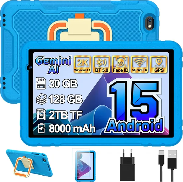 Tablette Kids 10 Pouces Android 15 avec AI Gemini, 30 Go + 128 Go (TF 2 To), WiFi 6, 8000 mAh, Widevine L1, GPS, Face ID, Octa-Core